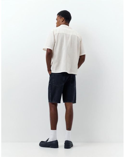Pull&Bear White Short Sleeve Linen Blend Shirt for men