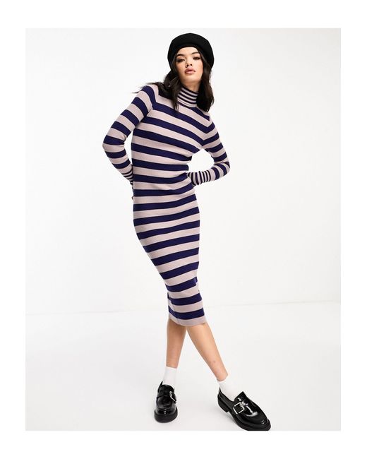Vero Moda Blue Striped High Neck Midi Dress