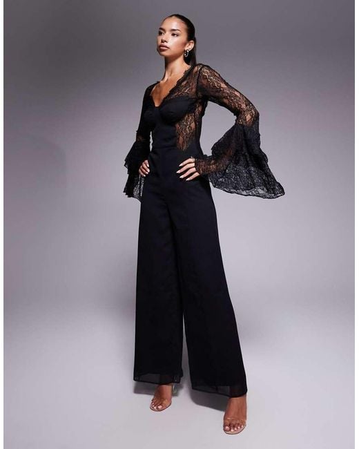 ASOS Blue Corset Detail Jumpsuit With Lace Ruffle Sleeves