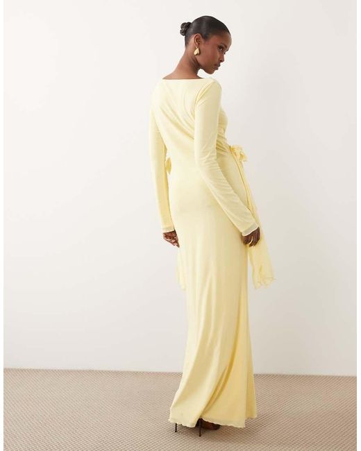 DASKA Natural Mesh Slash Cowl Neck Corsage Drape Detail Maxi Dress