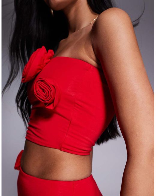 Wanderdoll Red Posie Sculpting Second Skin Corsage Detail Bandeau Crop Top