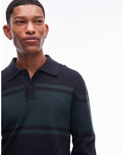 DOUBLE A by WOOD WOOD Blue Curt Stripe Panel Long Sleeve Polo Knit for men