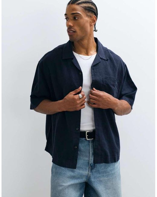ASOS Blue Co-Ord Boxy Oversized Revere Linen Blend Shirt for men