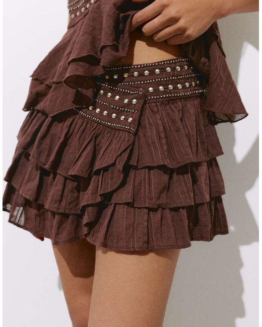 Pull&Bear Mini Rok Met Ruches En Studs in het Brown