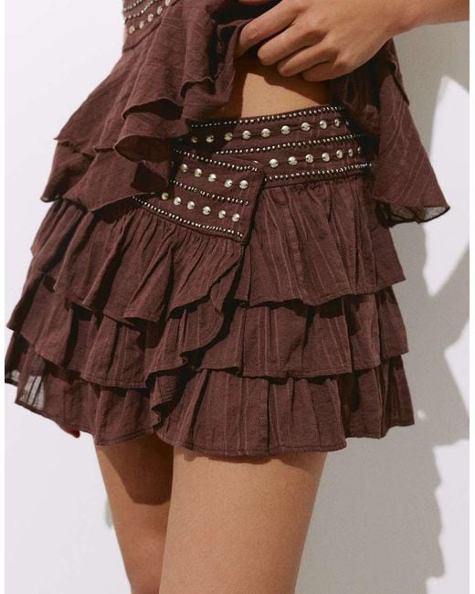 Pull&Bear Brown Ruffled Mini Skirt With Studs