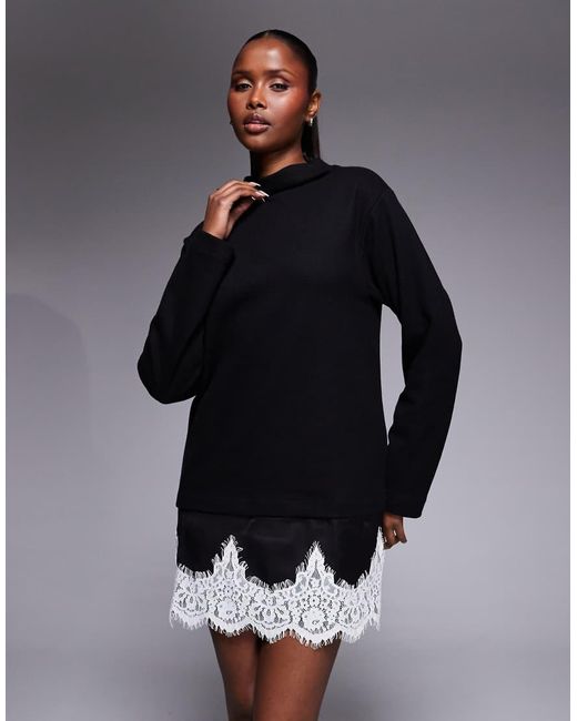 ASOS Black Supersoft Funnel Neck Mini Dress With Contrast Lace Hem