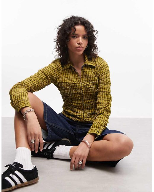 Collusion Green Shirred Fitted Shirt