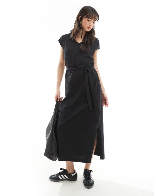 Femme - robe longue en jersey à col v SELECTED en coloris Black