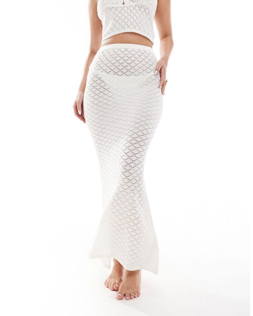 In The Style White Exclusive Crochet Knit Textured Fishtail Maxi Beach Skirt Co-ord