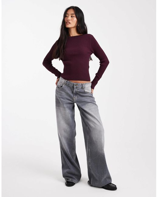 Top en maille côtelée à manches longues avec encolure bateau - prune Miss Selfridge en coloris Red