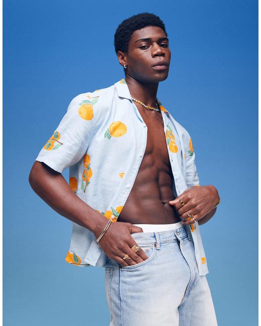 Hollister Blue Printed Linen Short Sleeve Shirt for men