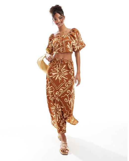 Wednesday's Girl Brown Tile Floral Puff Sleeve Blouse Co-ord