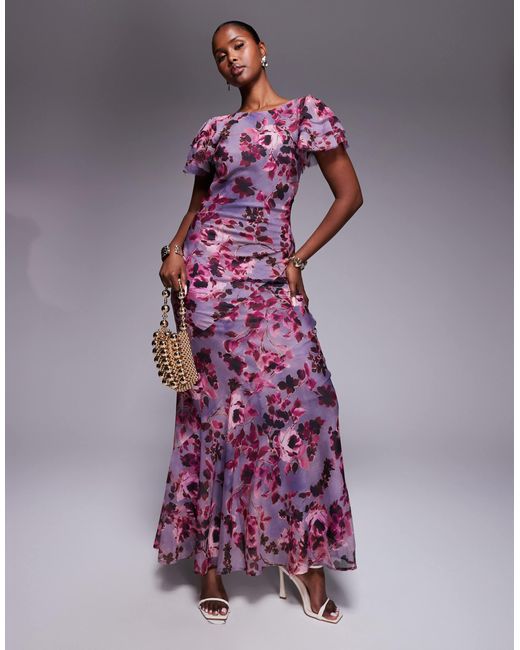 Robe longue à manches volantées et col montant avec imprimé floral vintage ASOS en coloris Purple
