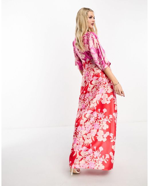 Vestito lungo con maniche a kimono rosa e rosso a fiori a contrasto di Hope  & Ivy in Rosa | Lyst
