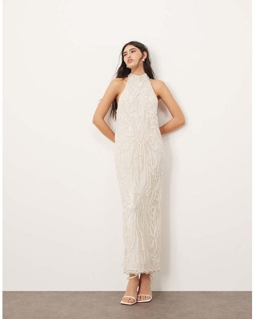 ARRANGE Natural Embellished Pearl Crystal Halter Column Maxi Dress