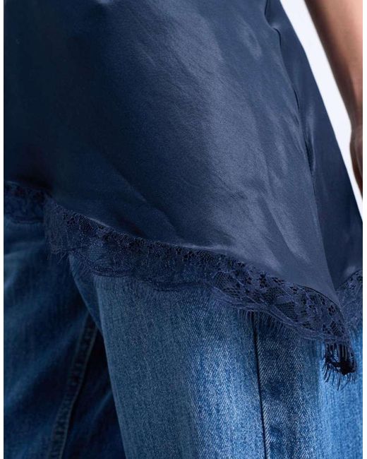TOPSHOP Blue Satin Lace Insert Tunic Top