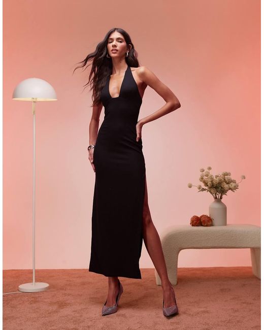 Oh Polly Pink Mei Split Halterneck Maxi Dress