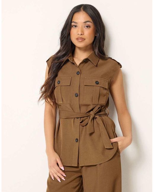 PixieGirl Brown Petite Belted Utility Shirt
