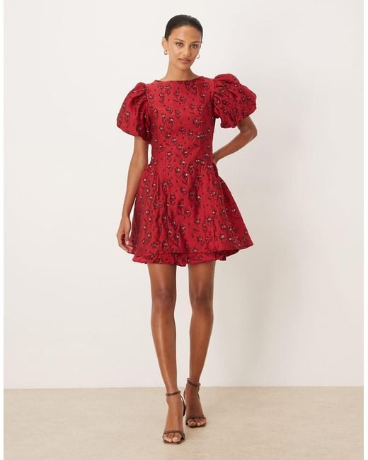 Sister Jane Red Floral Jacquard Puff Sleeve Mini Dress