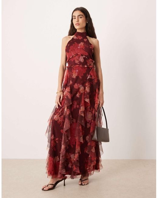 LACE & BEADS Women's Red Marilyn Halter Neck Ruffle Maxi Dress