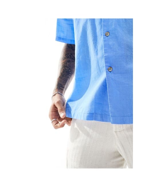 ASOS Blue Short Sleeve Relaxed Revere Collar Linen Look Shirt for men