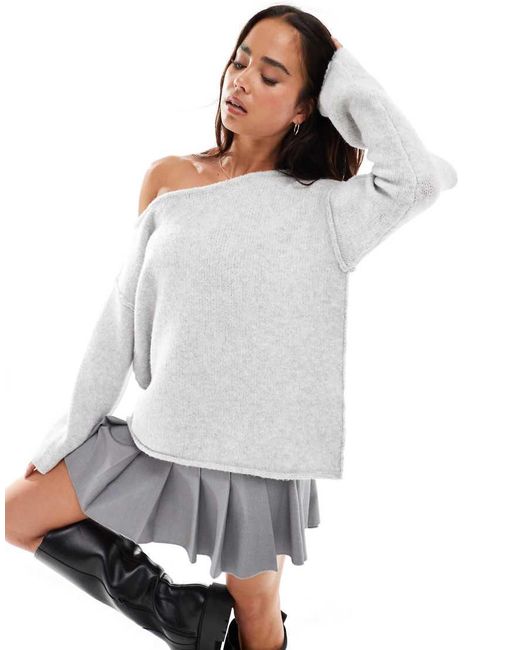 Jersey Gris Jaspeado Suelto Con Escote Bardot Asimétrico De Punto De Miss Selfridge de color White