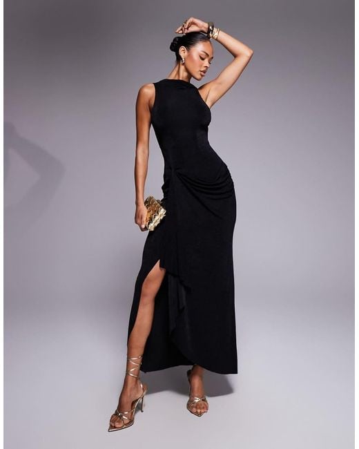 ASOS Black High Neck Slinky Maxi Dress With Drape