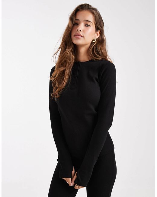 Threadbare Black Ribbed Button Down Long Sleeve Loungewear Set