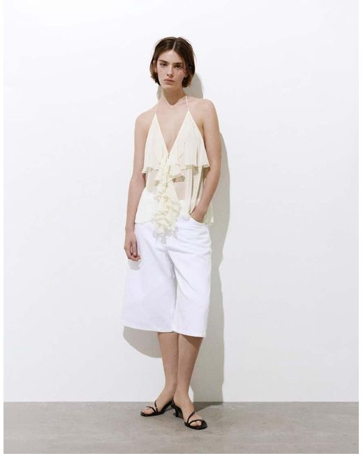 Pull&Bear White Halter Top With Ruffles