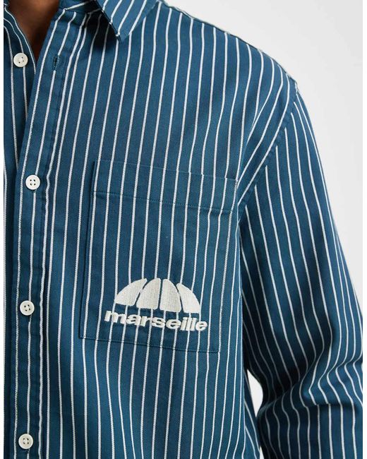 ASOS Blue Relaxed Twill Stripe Shirt With Chest Embroidery for men