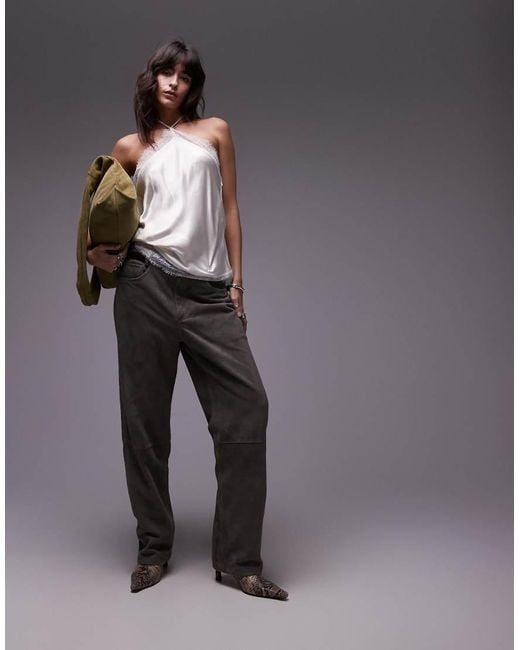 TOPSHOP Haltertop Van Satijn Met Kanten Rand in het Gray
