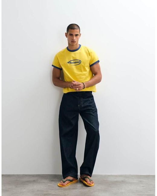 Reclaimed Vintage Yellow Contrast Ringer Slogan T-shirt for men