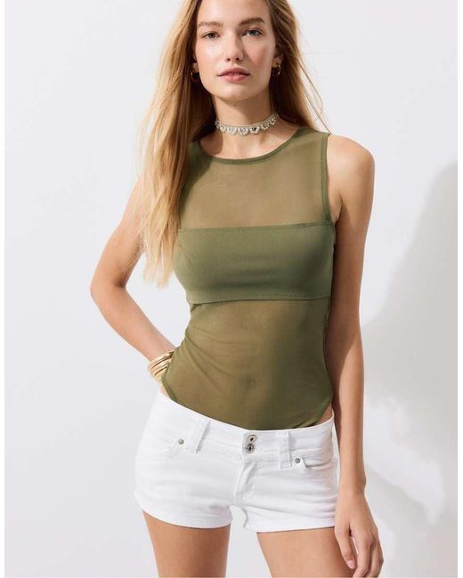 Stradivarius Green Sleeveless Mesh Bodysuit