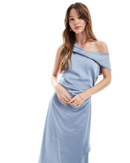 TFNC London Blue Bridesmaid Satin Fallen Shoulder Maxi Dress With Wrap Skirt
