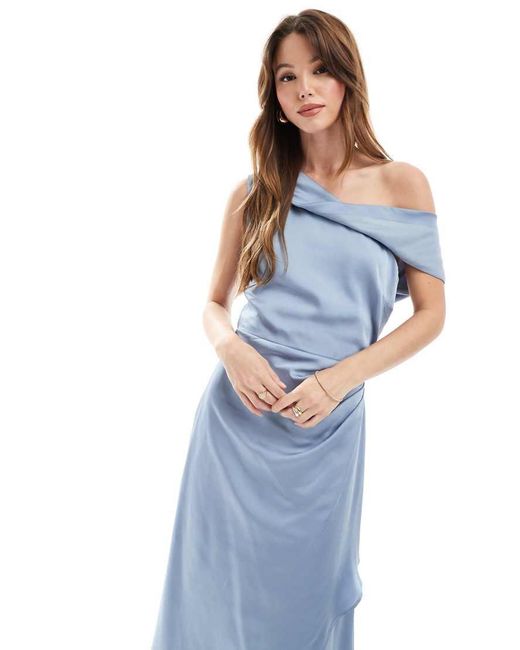 TFNC London Blue Bridesmaid Satin Fallen Shoulder Maxi Dress With Wrap Skirt