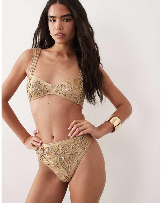 ASOS Brown High Waisted Embellished Cord Detail Bikini Bottoms