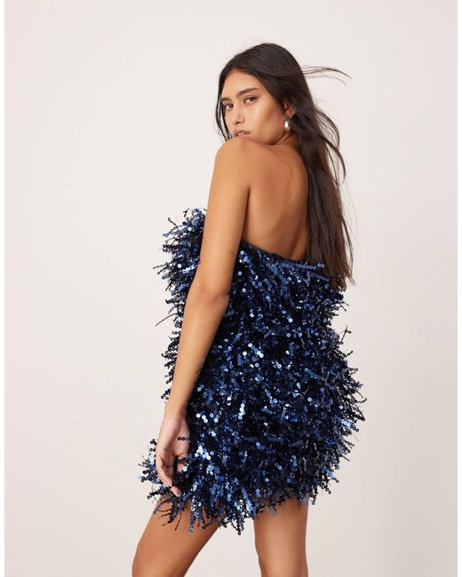 Robe bandeau courte à sequins avec franges - bleu marine ASOS en coloris Blue