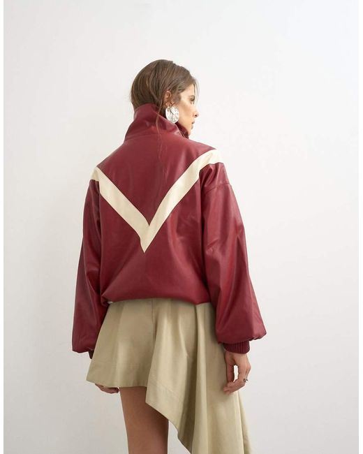 TOPSHOP Red Colour Block Leather Look Track Jacket