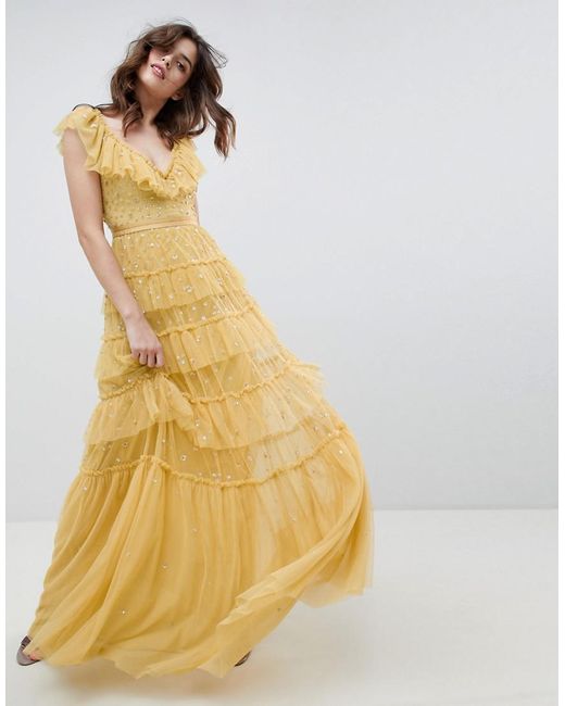 Needle & Thread Yellow Layered Maxi Dress With Ruffle Neck Detail In Sunflower
