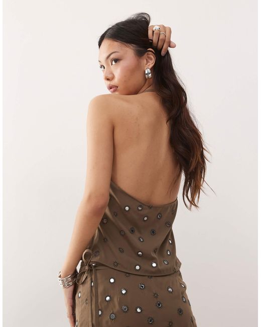 Weekday Brown Co-ord Halter Neck Top With Mirror Sequin Embellishment