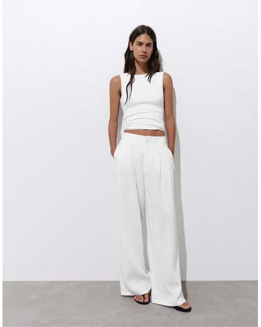 Pull&Bear White Linen Trousers With Pleats