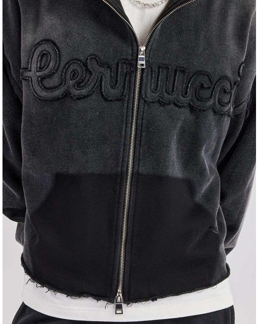 CERNUCCI Blue Washed Applique Zip Through Hoodie for men