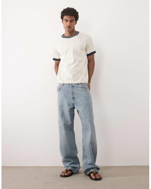 ASOS White Relaxed Knitted T-shirt With Navy Tipping for men