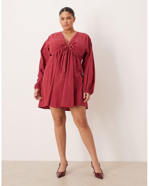 ASOS Red Asos Design Curve Cord V-neck Tie Bust Mini Dress With Volume Sleeve