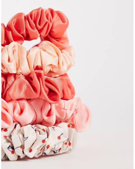 Kitsch Pink Ruched Satin Scrunchies 5pc Set - Cherry Blossom