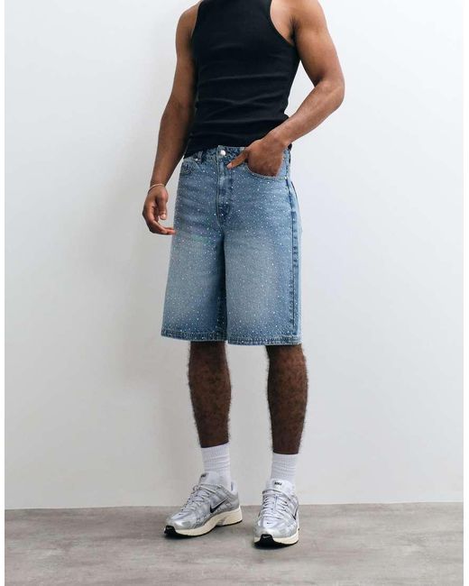 Liquor N Poker White All Over Rhinstone Denim Jorts for men