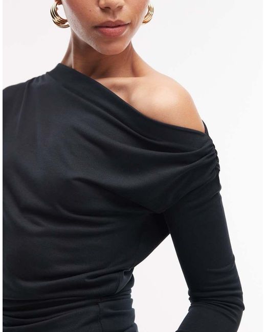 ASOS Blue Soft Touch Drape Off Shoulder Top With Cinch Waist