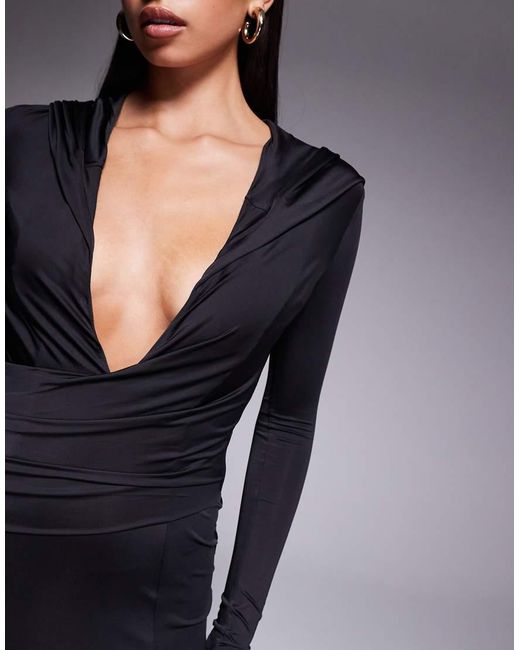 Oh Polly Blue Desdemona Hooded Plunge Neck Thigh Split Maxi Dress