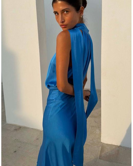 Never Fully Dressed Blue Satin Plunge V Neck Scarf Detail Top