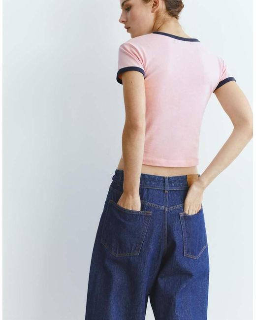 Pull&Bear Blue Short Sleeve Ribbed T-shirt